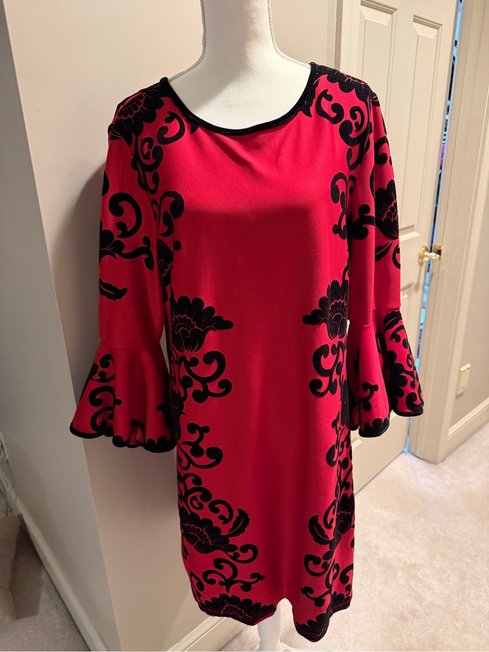 MSK Red Dress with Black Floral Velvet Print and Bell Sleeves